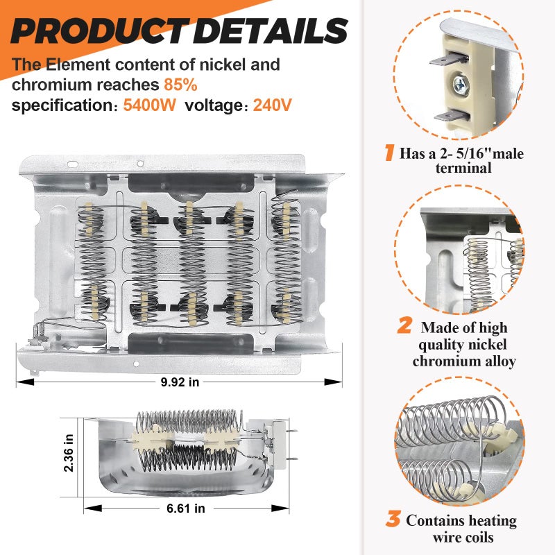 Beaquicy ?2025 UPGRADED?279838 W10724237 WED4815EW1 Dryer Heating Element Fit for Whirlpool Ken-more 70 80 Series Model 110 Roper Replace 3403585 NED4600YQ1 ned4655ew1 medx655dw1 AP3094254 8565582 by Beaquicy - Image 3